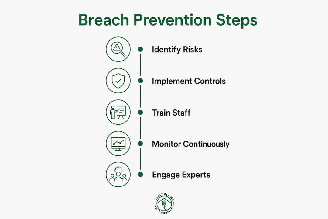 Infographic showing five data breach prevention steps in vertical flow layout