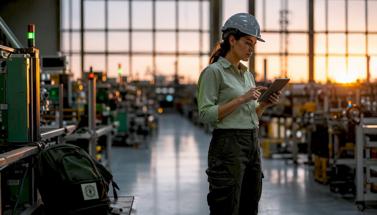 Cybersecurity specialist reviewing manufacturing data on tablet