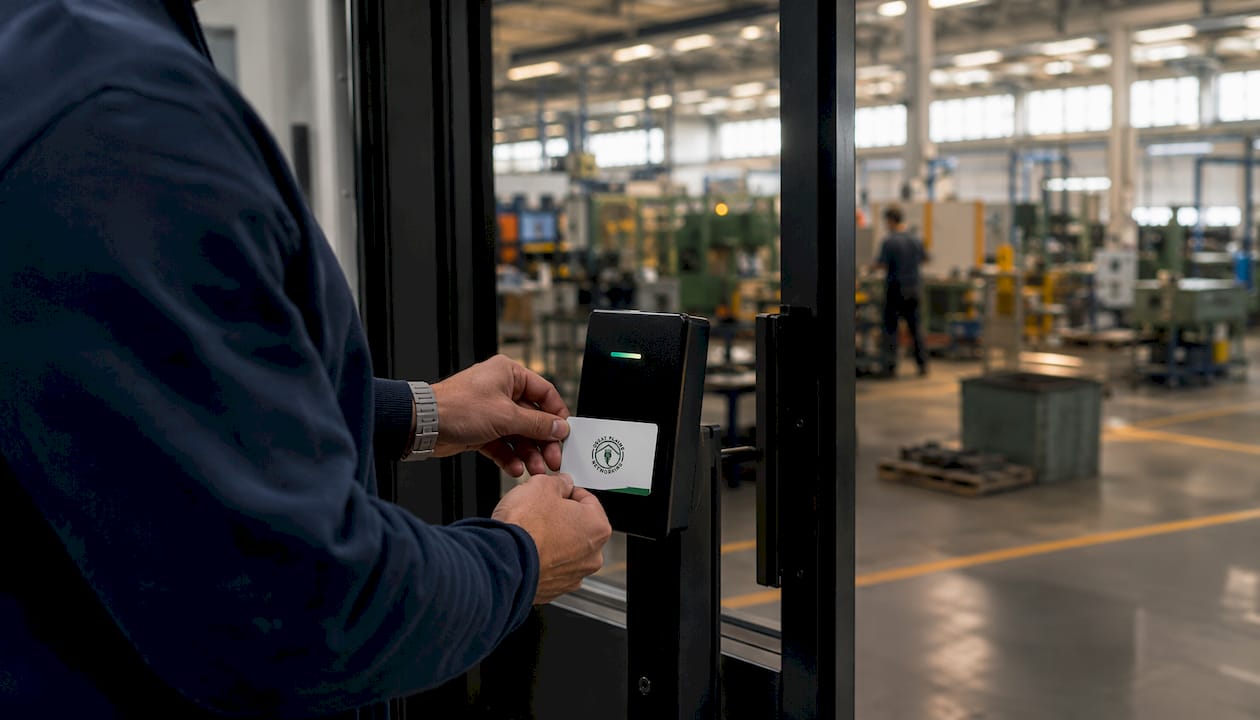 Hands using smart badge for secure manufacturing access