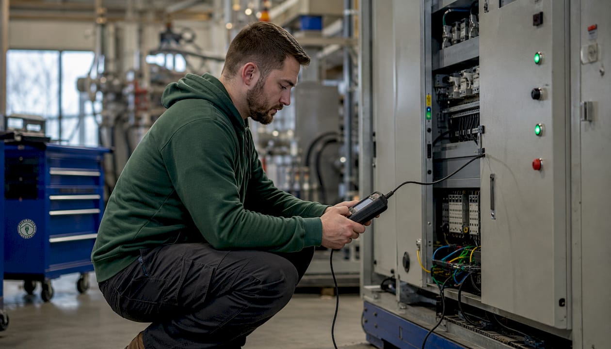 Technician managing patch updates on industrial control cabinet