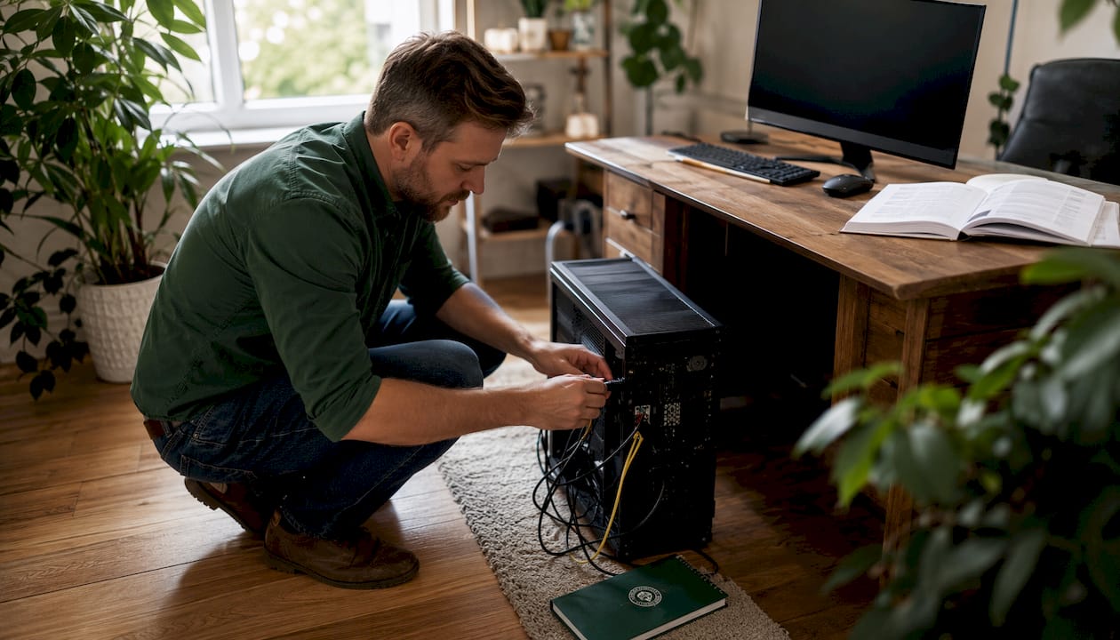 IT technician connecting cables in small office