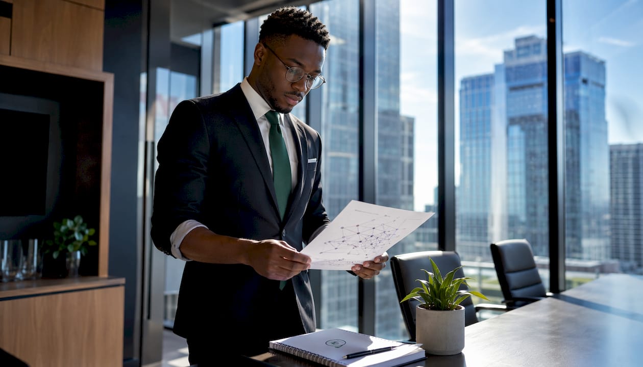 Lawyer assessing cybersecurity risks on tablet near window
