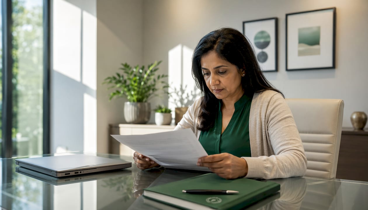 Woman reviewing cybersecurity policy document in law office