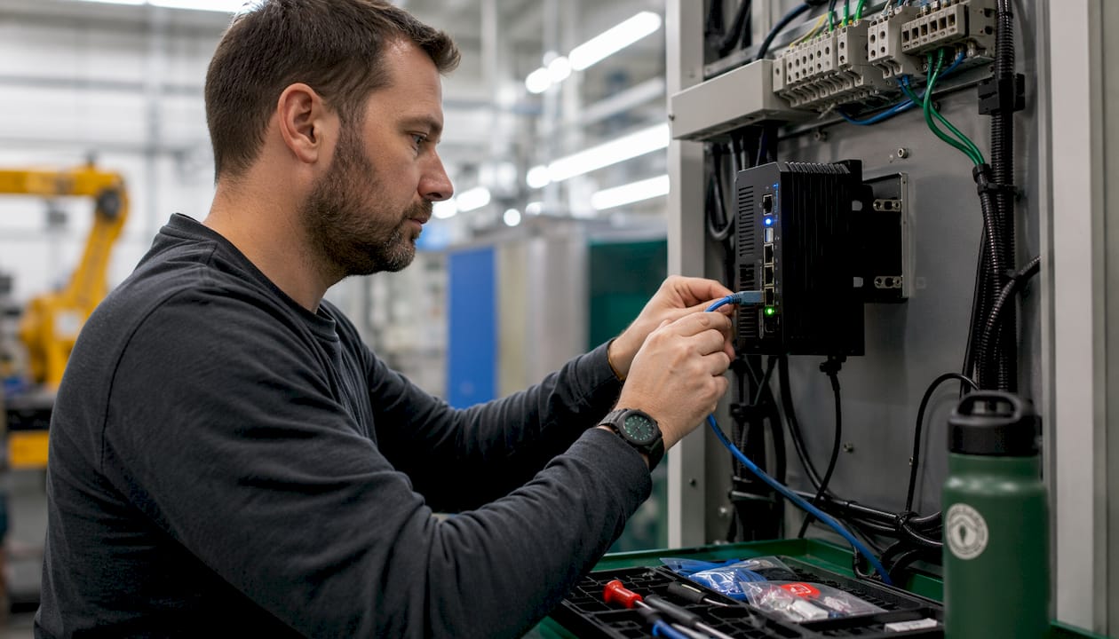 Technician connecting Ethernet cable to edge device