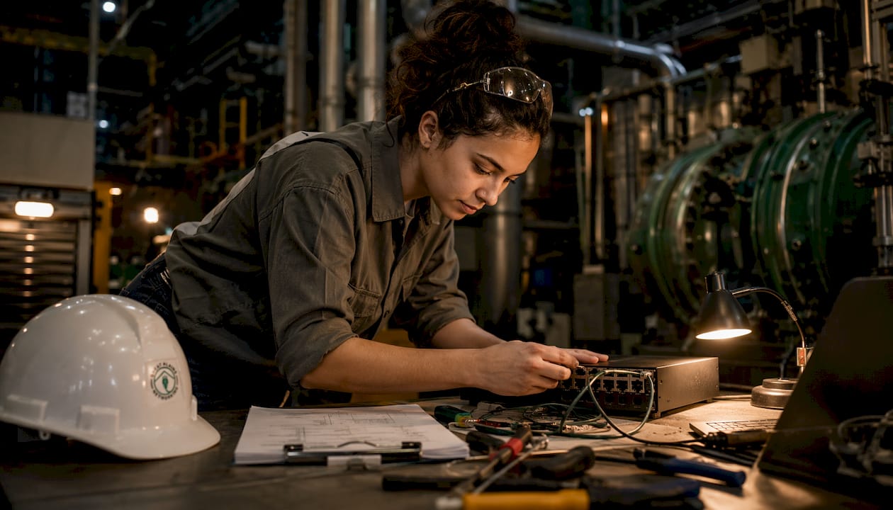 Engineer monitoring manufacturing network equipment