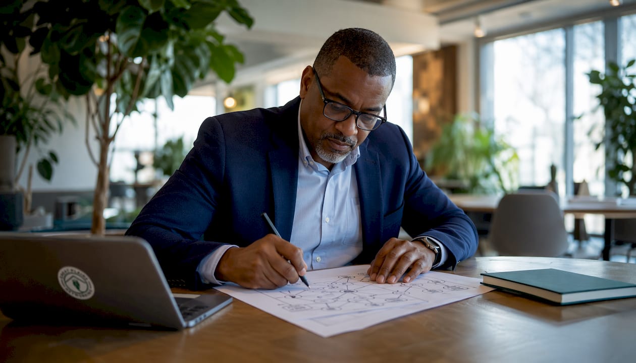 IT manager reviewing network plans in law firm office