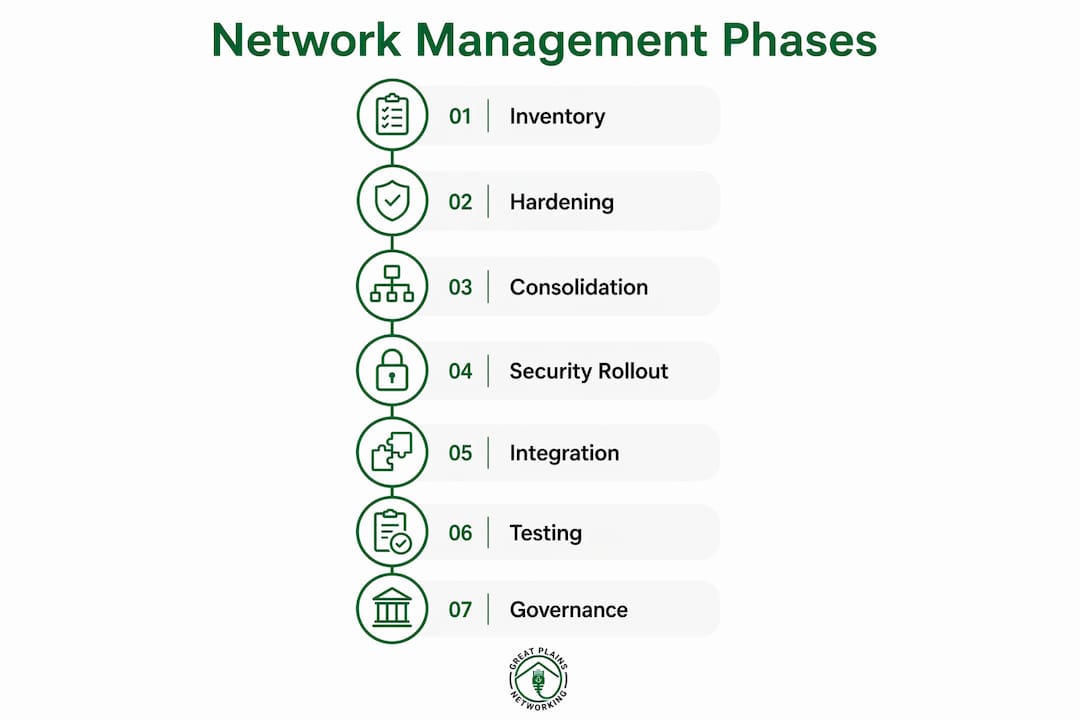 Infographic illustrating phases of multi-site network management