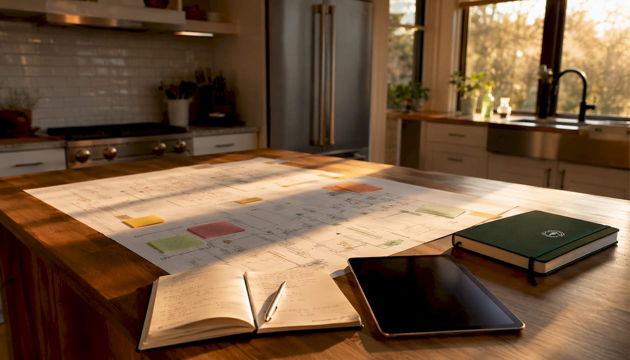 Overhead view of network architecture diagrams and notes