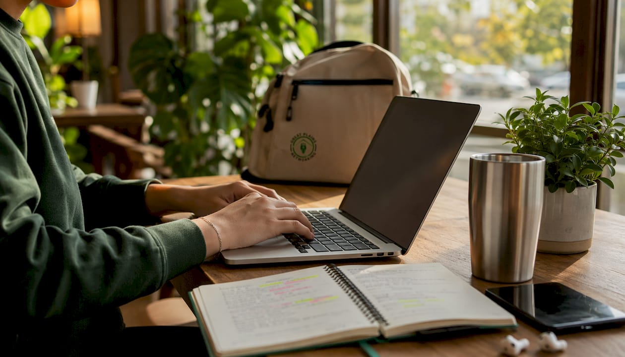 Hands typing in home legal tech workspace