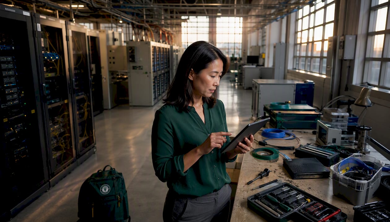 Network engineer checking factory network data