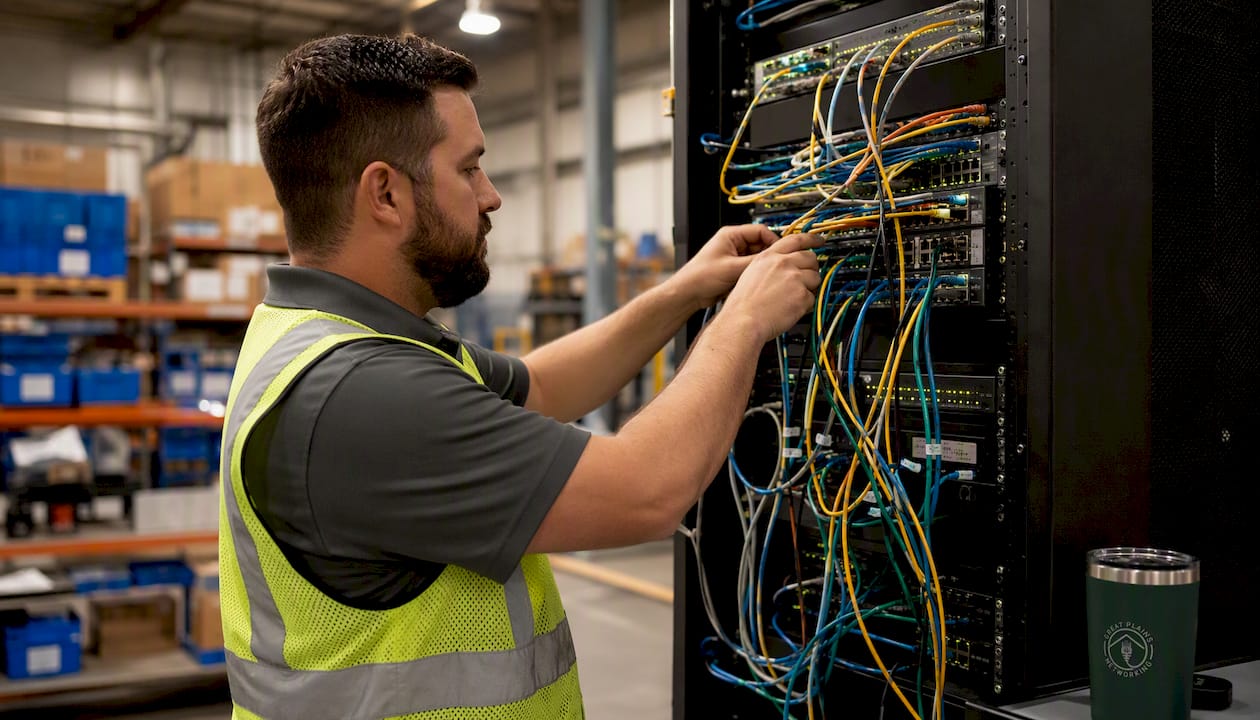 Close-up factory network cables and ports