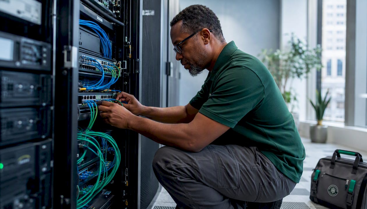 Technician connecting cables in network closet