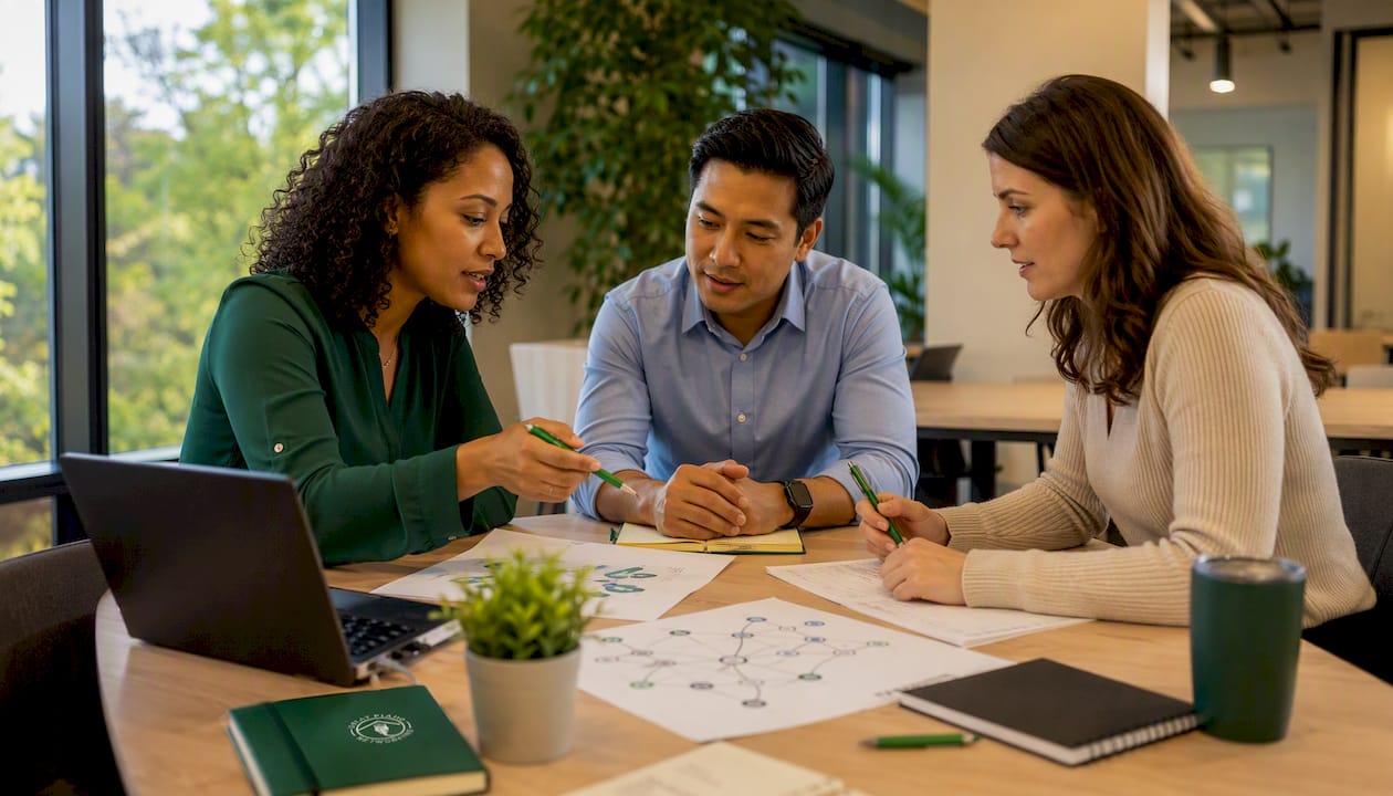 Office staff reviewing network security material