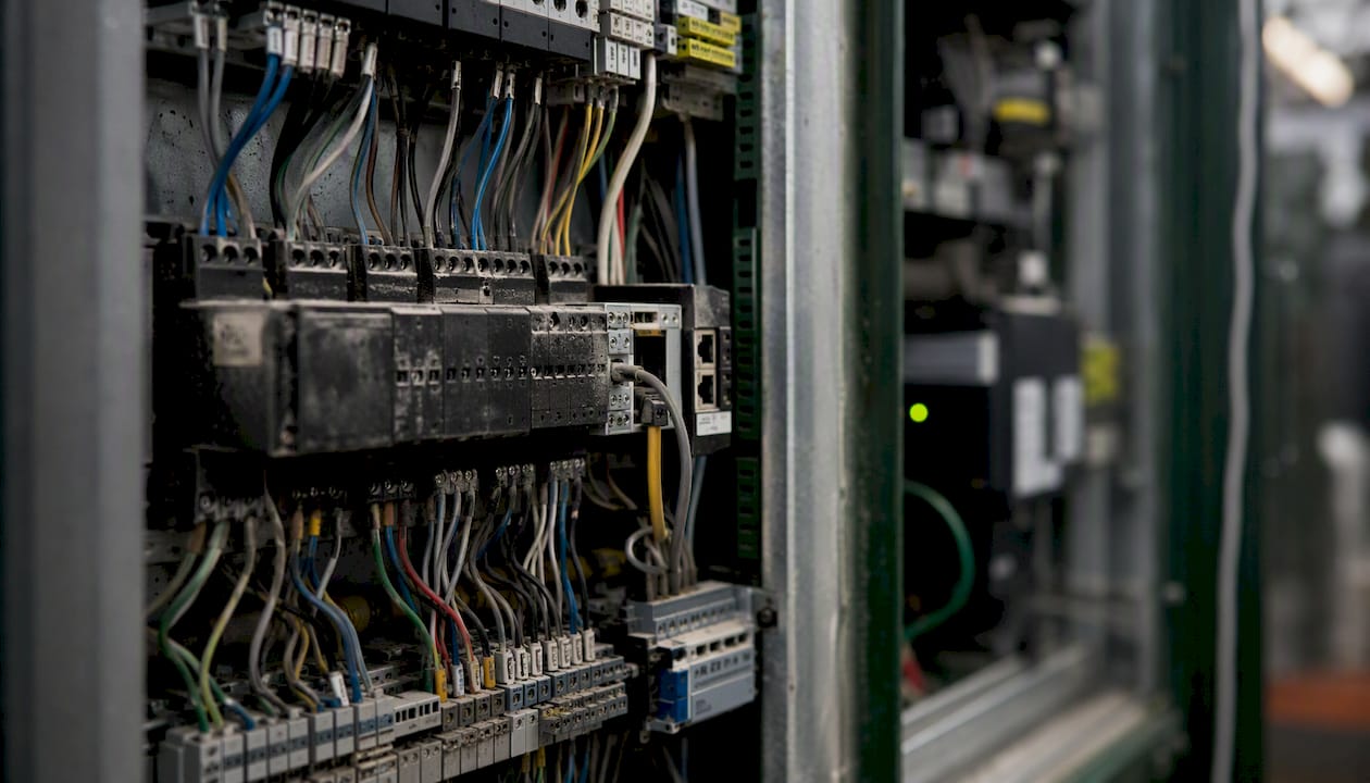 Close-up of electrical wiring in manufacturing control cabinet