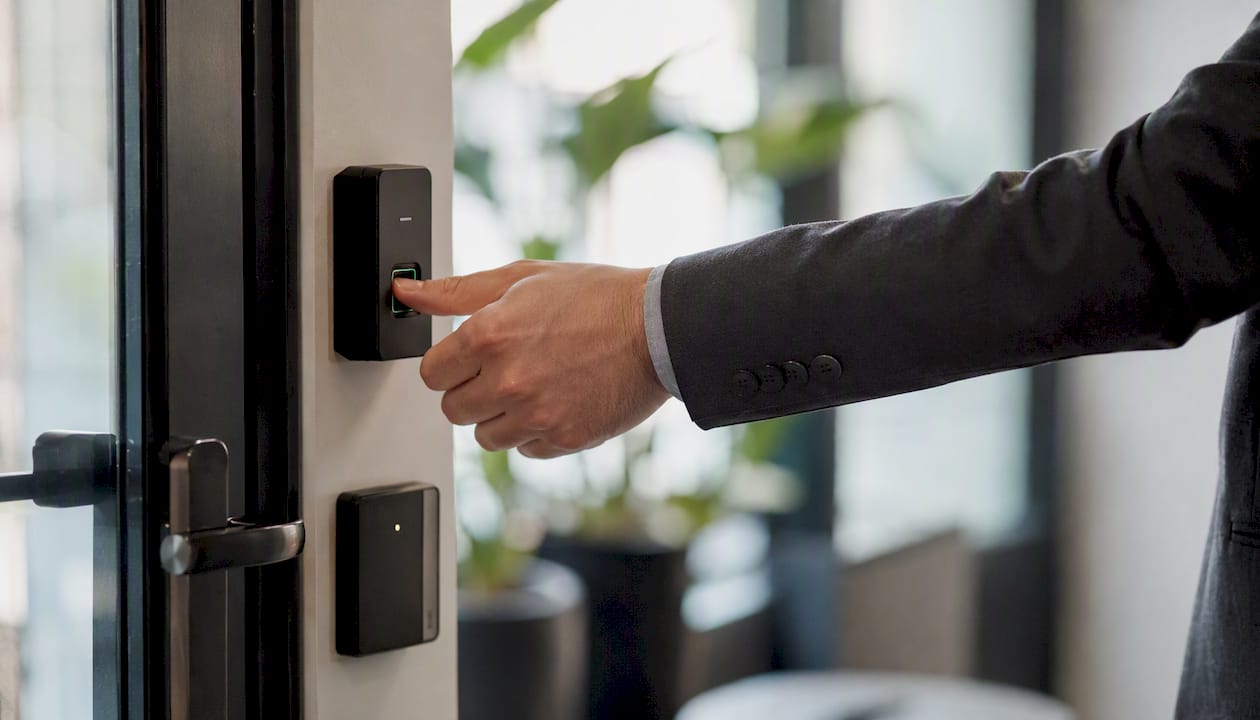 Biometric fingerprint scan on secure office door
