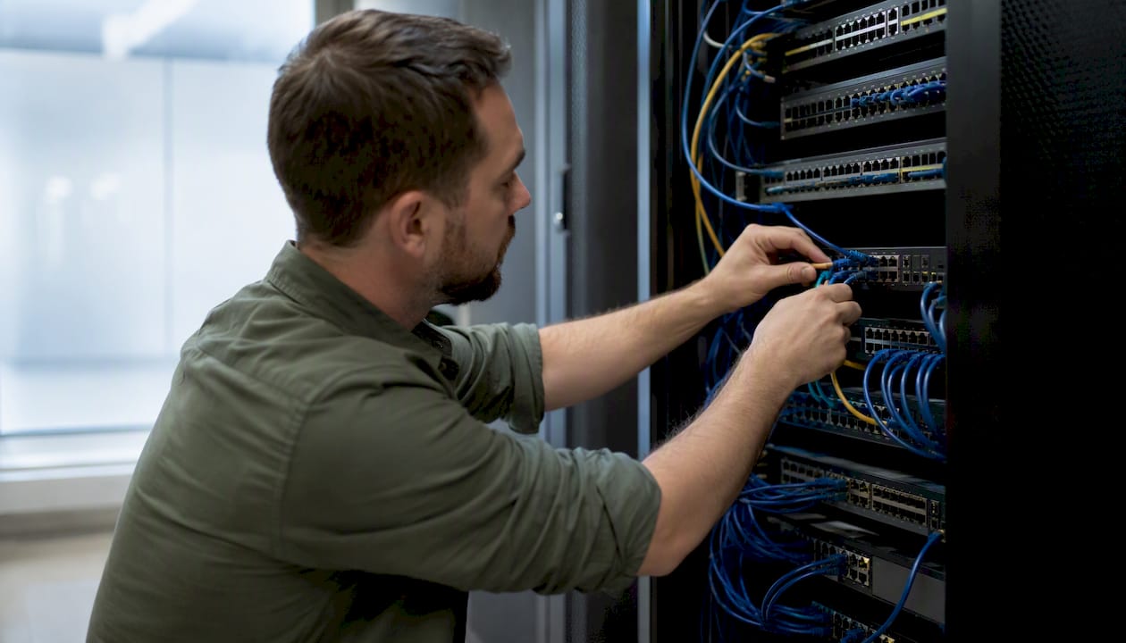 Hands connecting cables in server rack