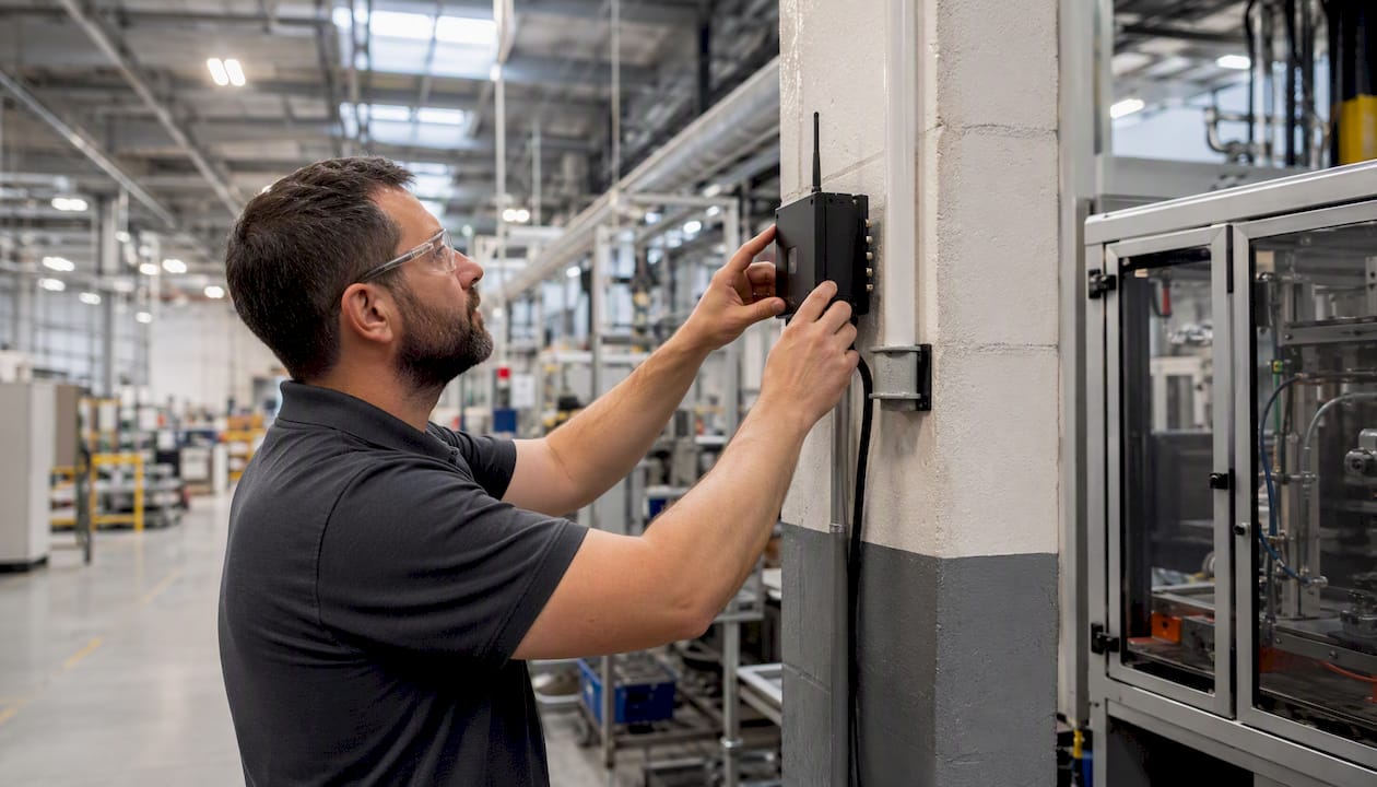 Supervisor pressing a network alert button on factory floor