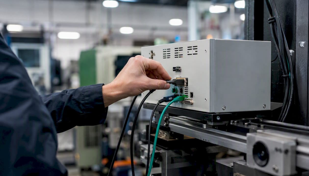 Hand connecting monitoring probe to manufacturing computer