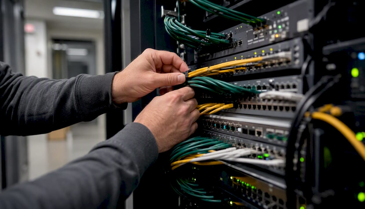 Technician wiring cables post network assessment