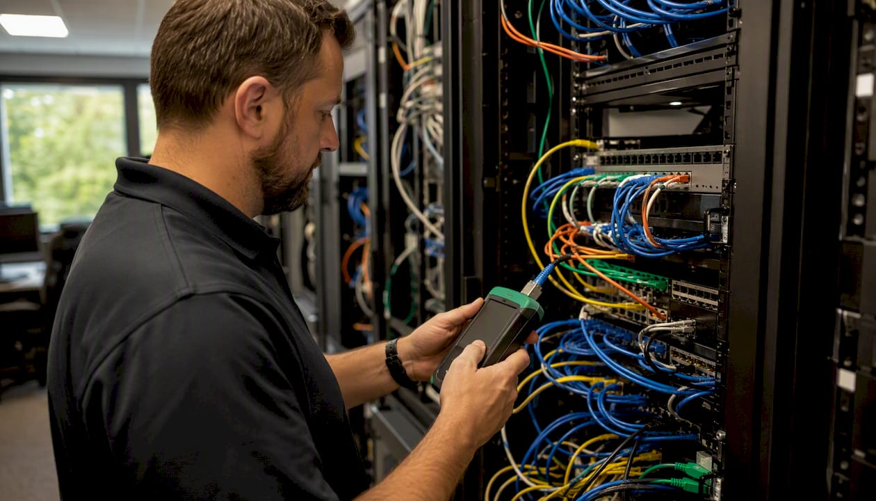 Hands testing network cables in server room