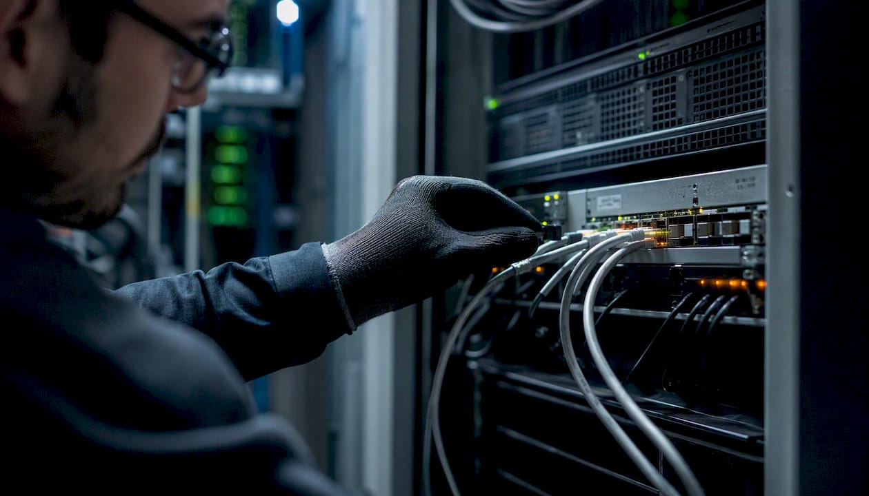 Hand inspecting network device cable and LEDs