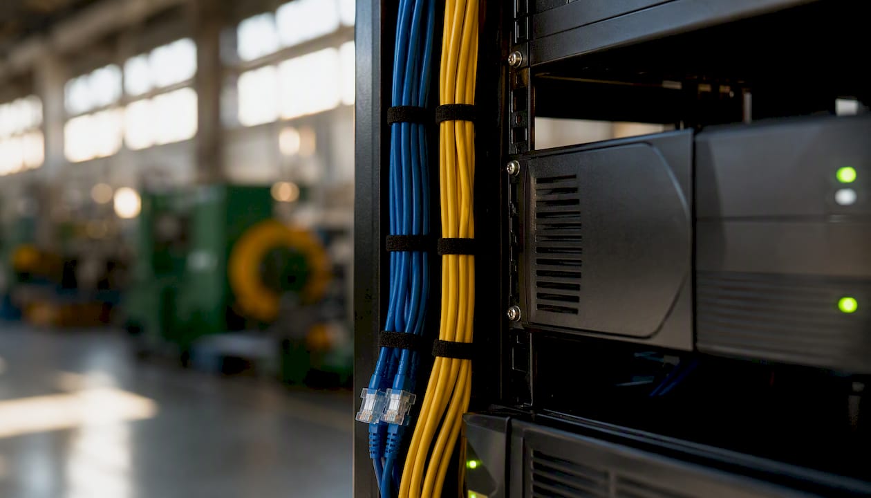 Dual network cables and UPS unit in manufacturing setting