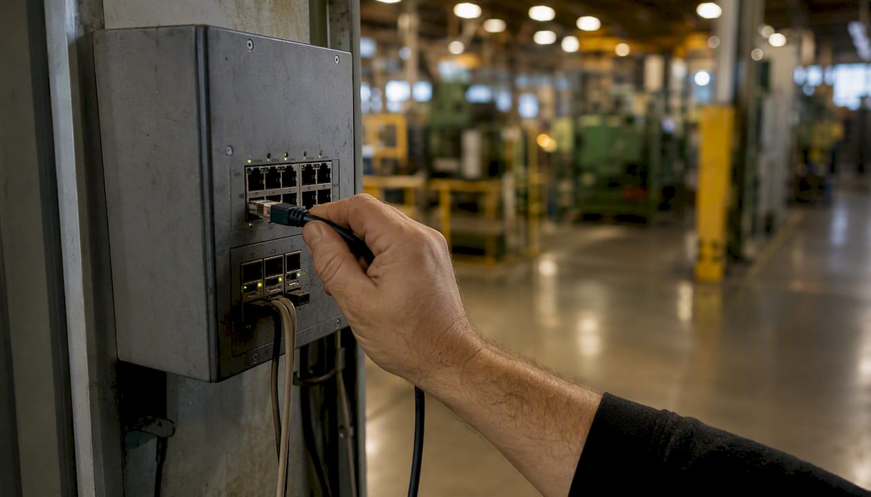 Technician adjusting network device cable close-up