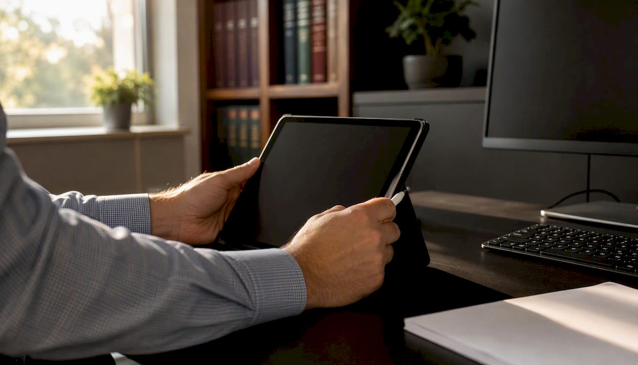 Hands managing secure tablet workspace
