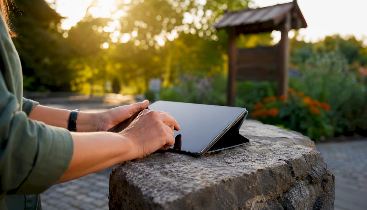 Hands holding tablet device in nonprofit setting