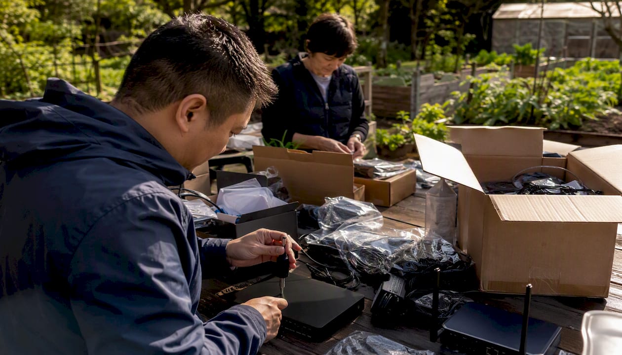Hands unboxing donated nonprofit technology