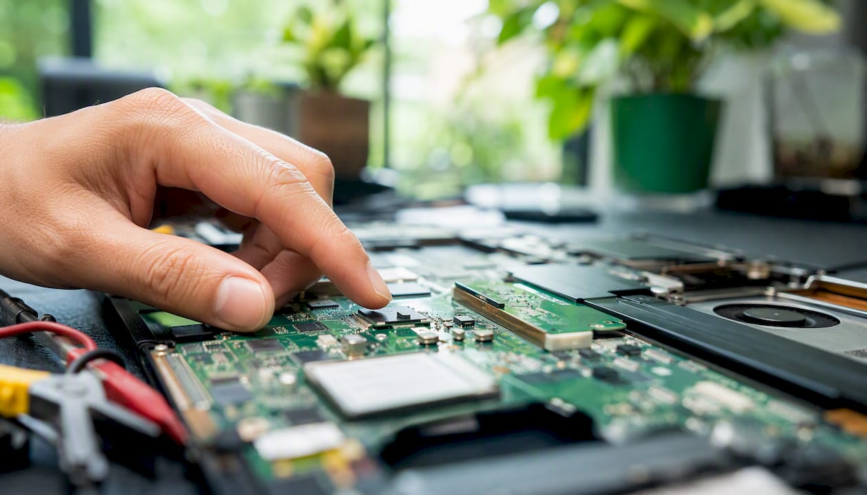 Close-up of TPM chip on laptop motherboard