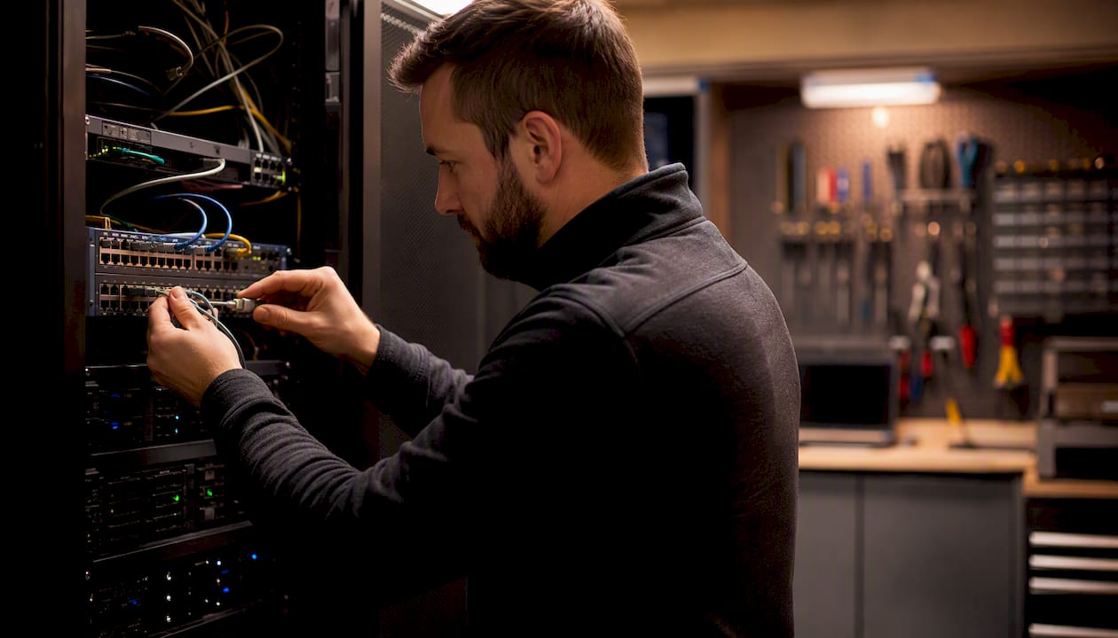 IT professional unplugging network cable