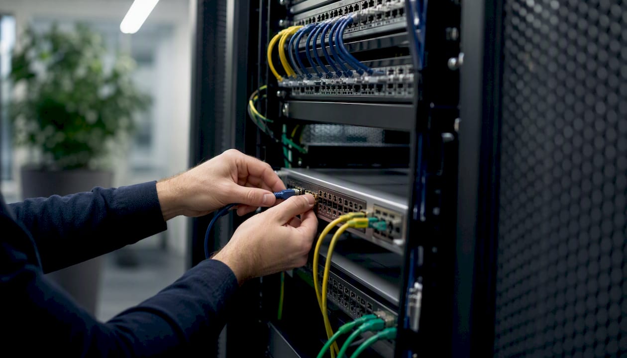 Hands connecting network cable in law firm server room