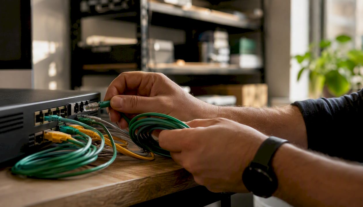 Hands connecting Ethernet cable in office workspace