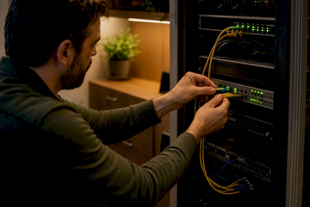 Technician connecting fiber optic cable in server room