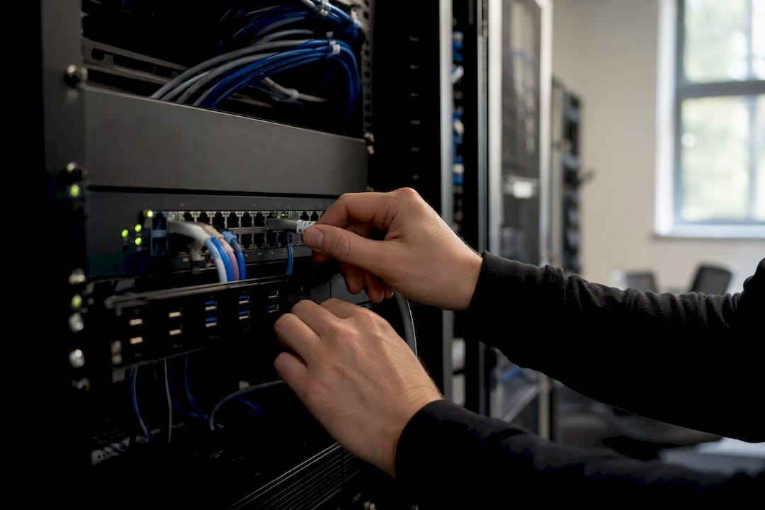Technician adjusting network device cable