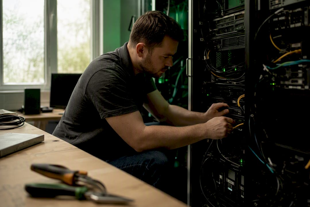 Hands connecting cables for data recovery