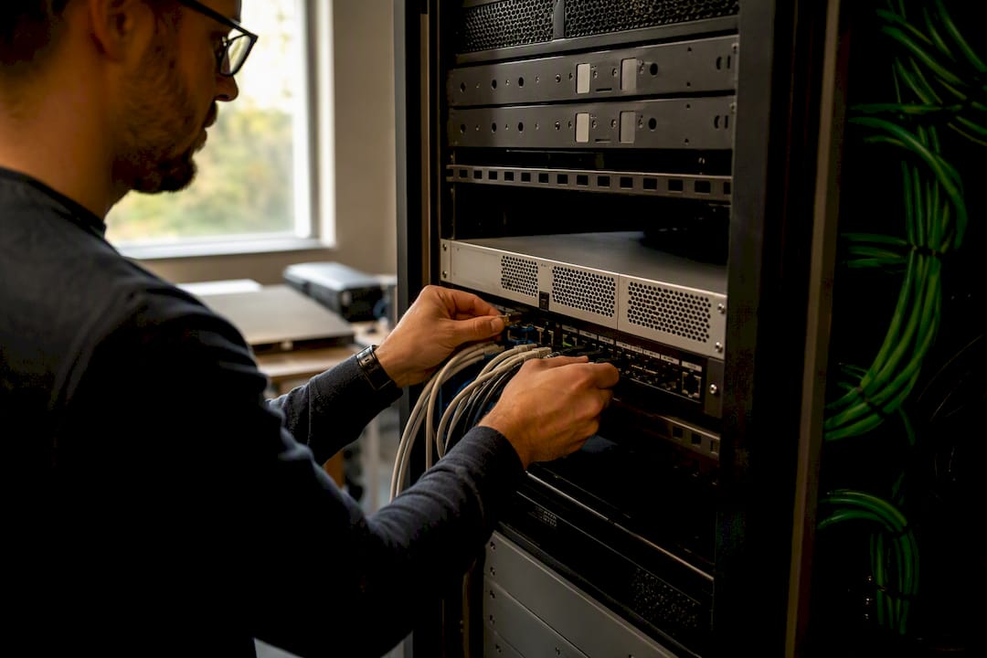 Technician adjusting firewall cables in enterprise network