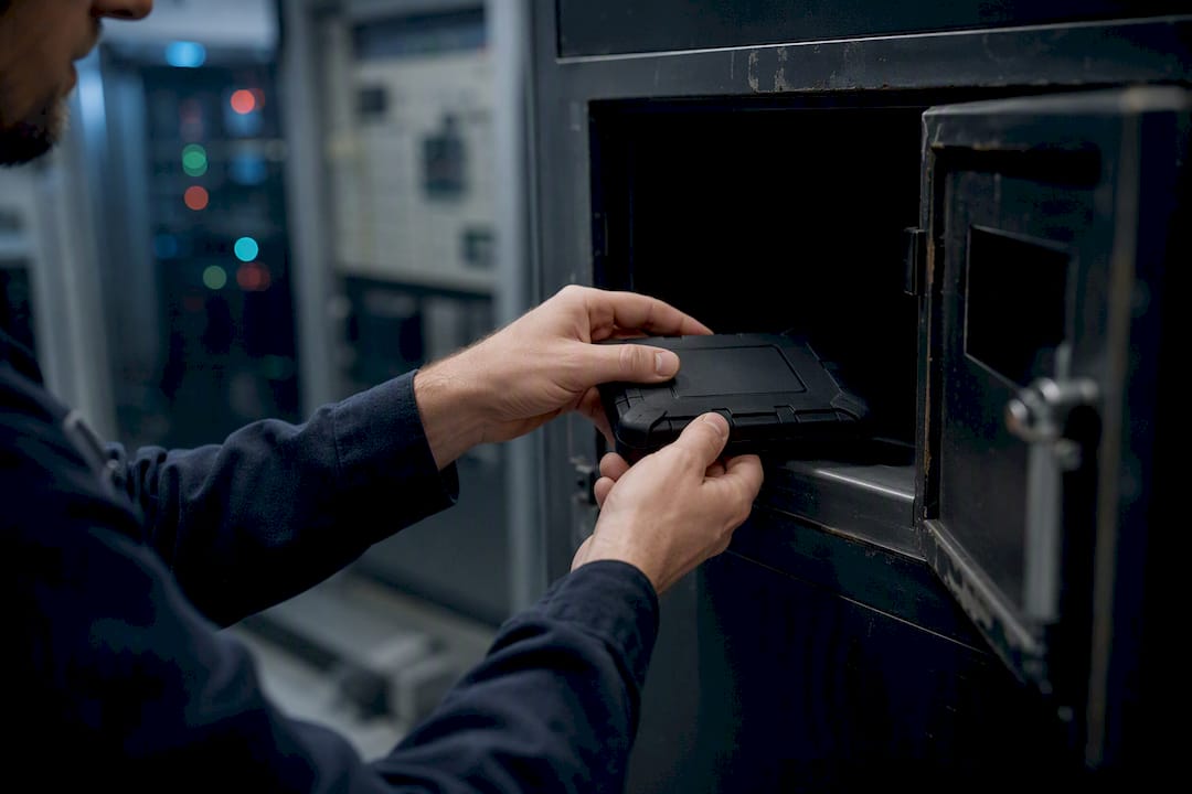 Technician storing encrypted backup drive offline