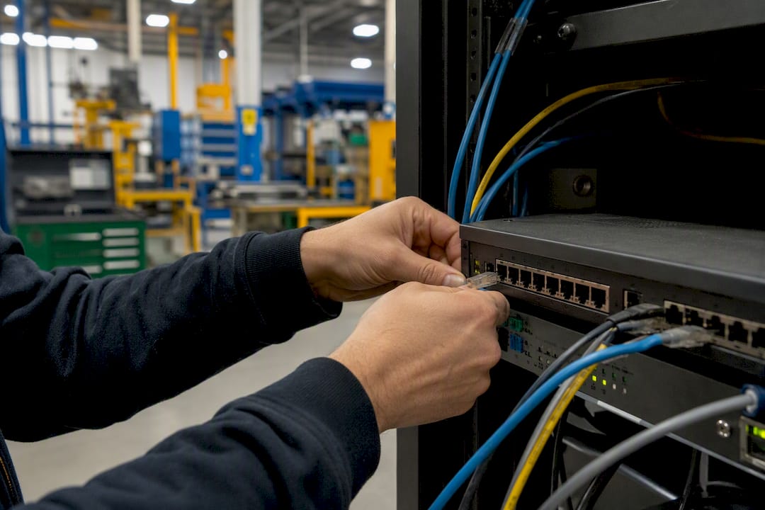 Hands connecting network cable in manufacturing plant