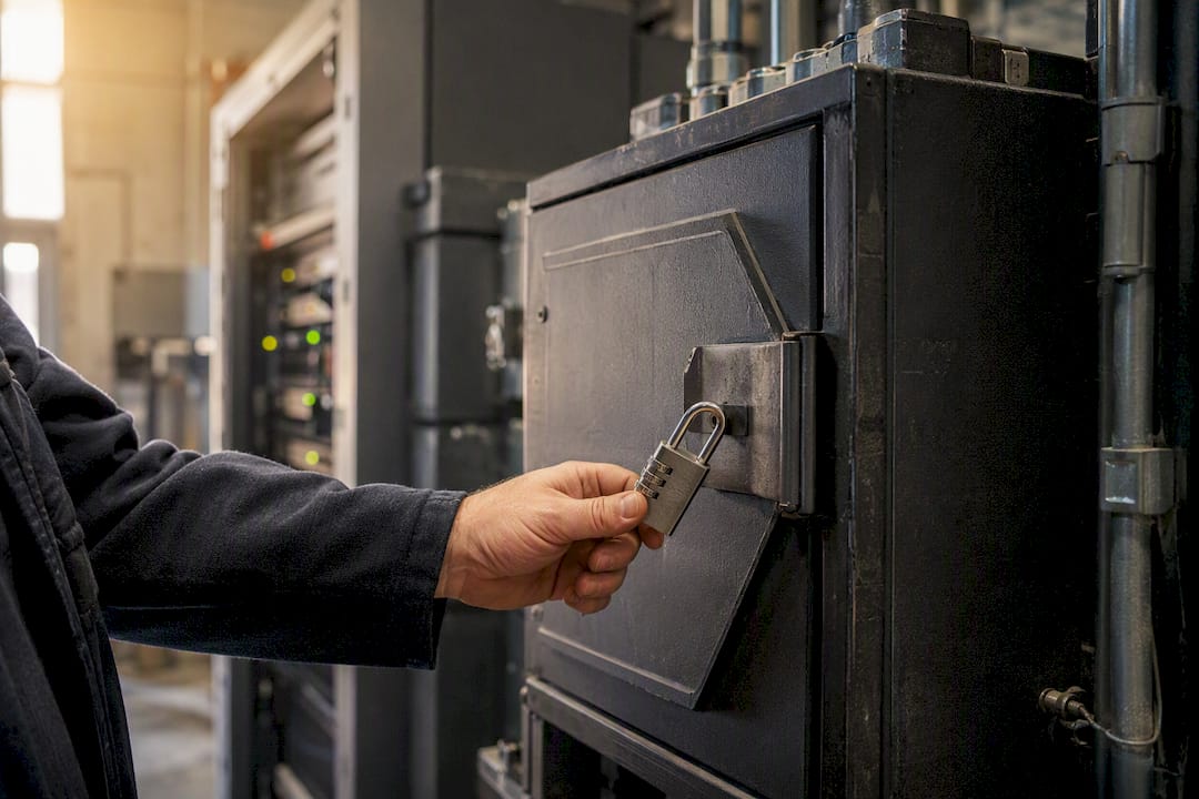 Hand locking secure vendor access box in manufacturing IT area