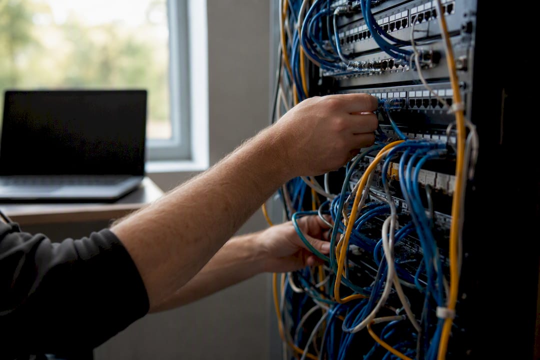 Hands adjusting network equipment cables