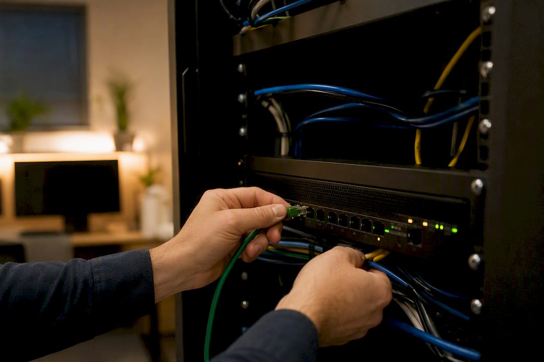 Hand connecting cable at small business server rack