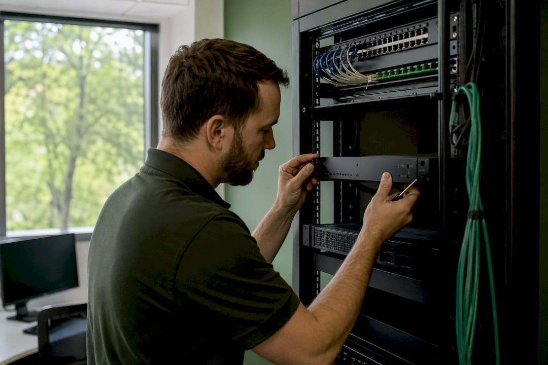 Hands installing network security device
