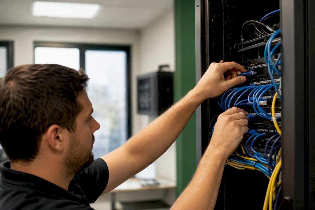 Hands connecting network cables in server rack