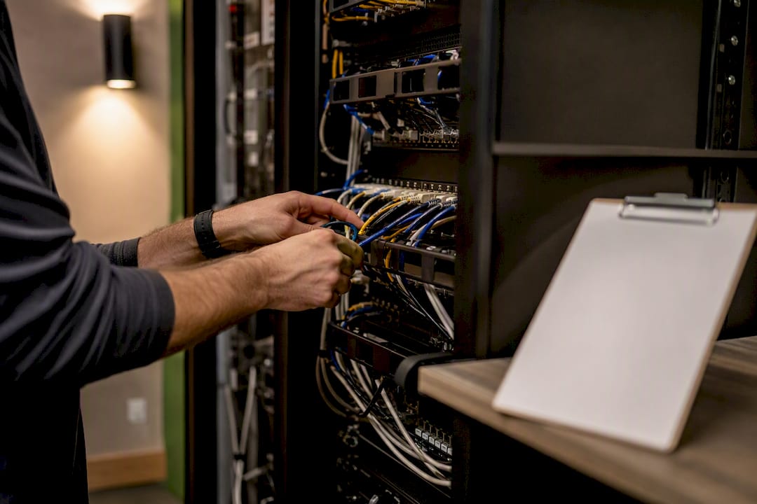 Hands inspecting network cables in server room