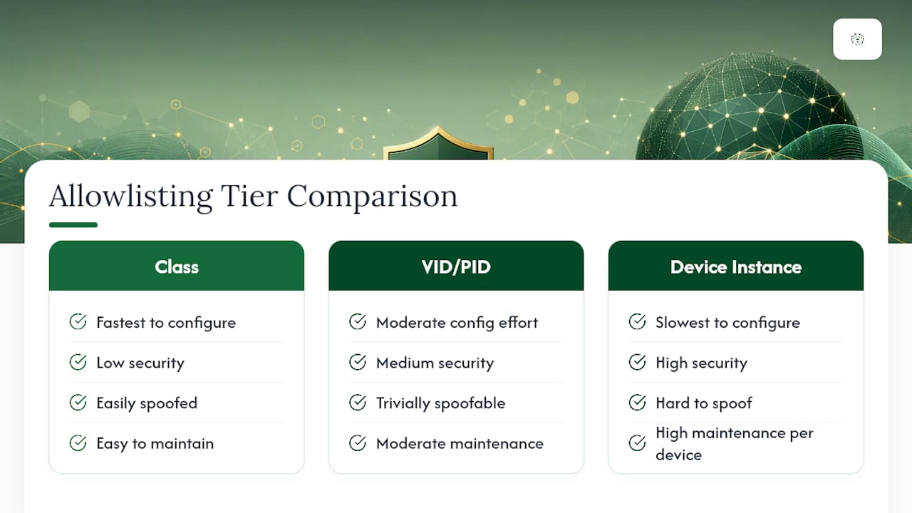 Diagram comparing USB allowlisting tiers and security trade-offs