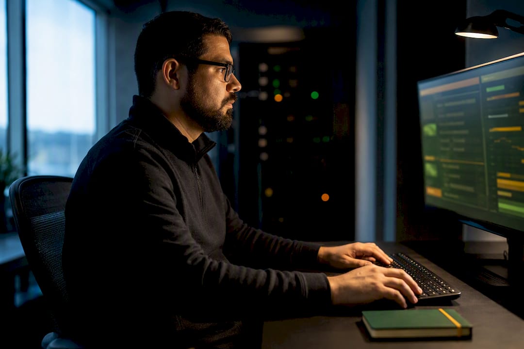 Technician monitoring remote desktop security alerts