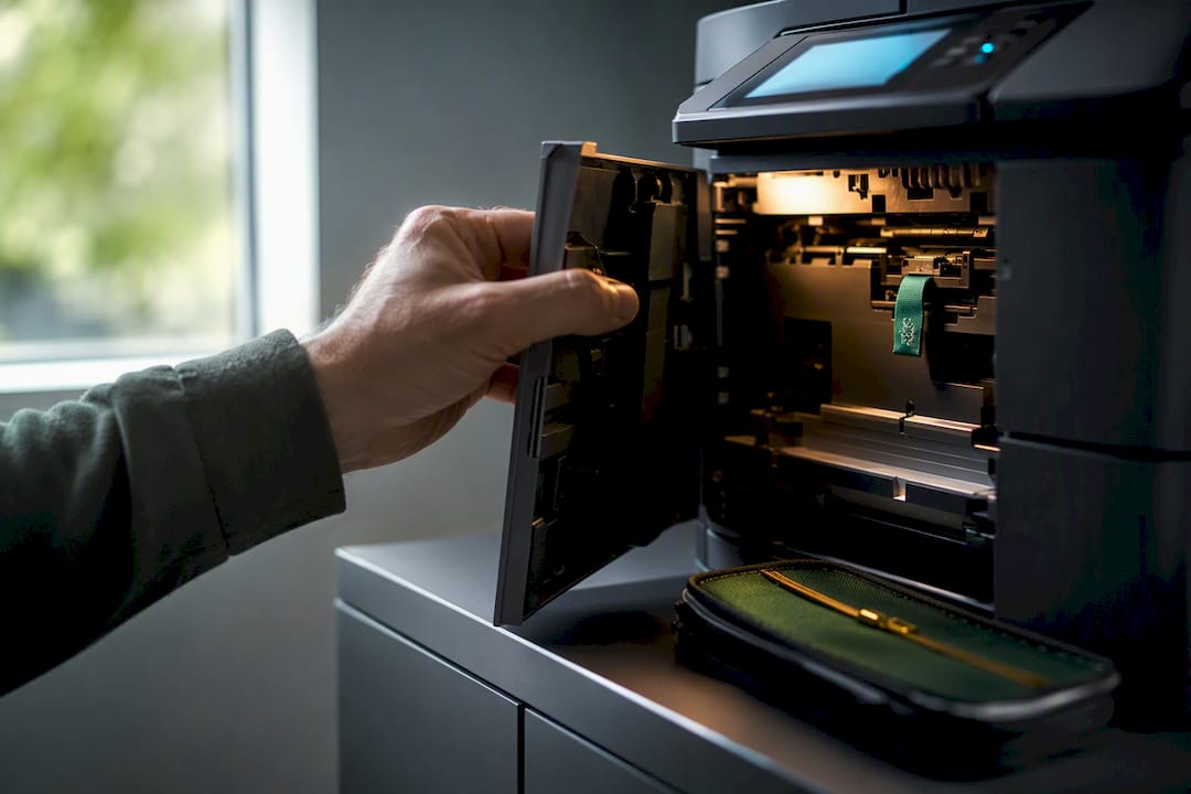 Technician securing an anonymous printer