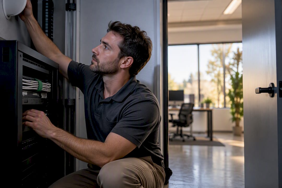 Technician checking secure office network equipment